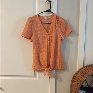 LOFT Coral Button-Down Shirt with Tie Front